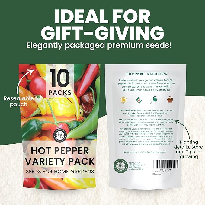Hot Pepper Seeds | 10 Individual Packs | 2026 Season | Non-GMO | Cayenne, Habanero, Thai Pepper, Poblano & More! | for Planting Indoor & Outdoor | by Family Sown