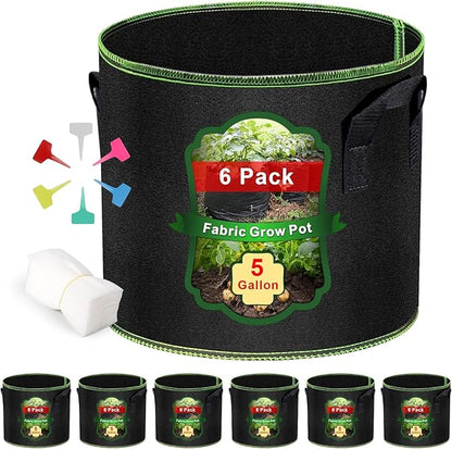 5 Gallon Fabric Grow Bags 6-Pack, Thickened Aeration Planter Bags with Handles Plant Tags Seedling Bags for Outdoor Indoor Vegetable Garden, Black