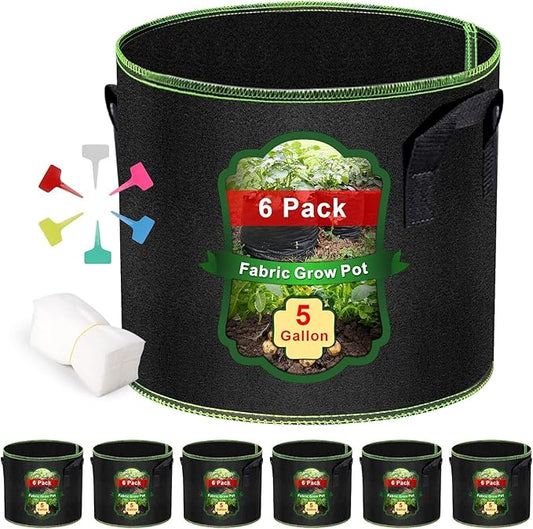 5 Gallon Fabric Grow Bags 6-Pack, Thickened Aeration Planter Bags with Handles Plant Tags Seedling Bags for Outdoor Indoor Vegetable Garden, Black