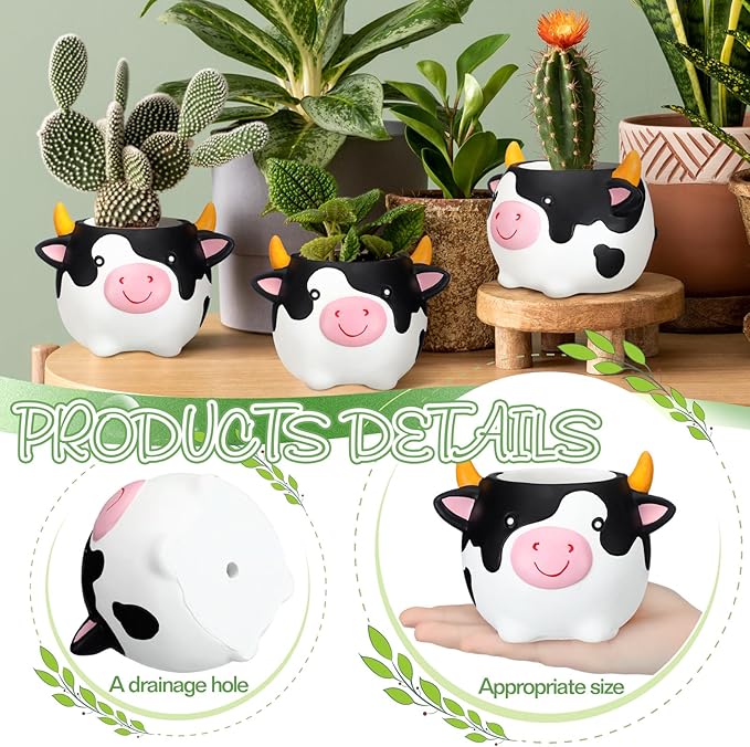 Sieral 2 Pcs Lovely Cow Succulent Pots with Drainage Cute Animal Plaster Planter Pots Plants Holder Cow Shaped Cactus Flower Container for Home Display and Office Desk Decoration