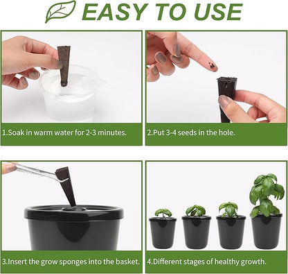 Kratky Method Hydroponic Planter Kit, 8 Hydroponic Planter Plus 24 Growing Sponges for Herbs, Hydroponic Mini Buckets for Windowsill Herb Garden, Hydroponic Growing System for Vegetables (Black)