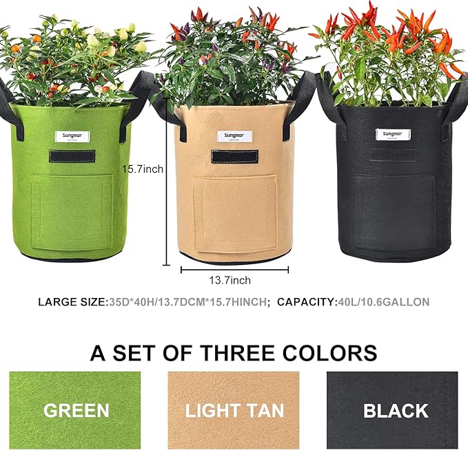 Sungmor 3PC Large Fabric Pots, Grow Bags for Plants 10 Gallon Patio Garden Bags Cloth Pots, Heavy Duty Thick Non Woven Planters Flower Pots Gardening Planting Bags for Flowers Vegetables Pepper Plants