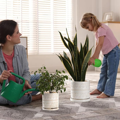 Ceramic Plant Pots Indoor-Outdoor: 8 Inch Embossed Planters with Drainage Hole & Saucer - Modern Decorative Flower Pots for Home Garden Patio Office Decor