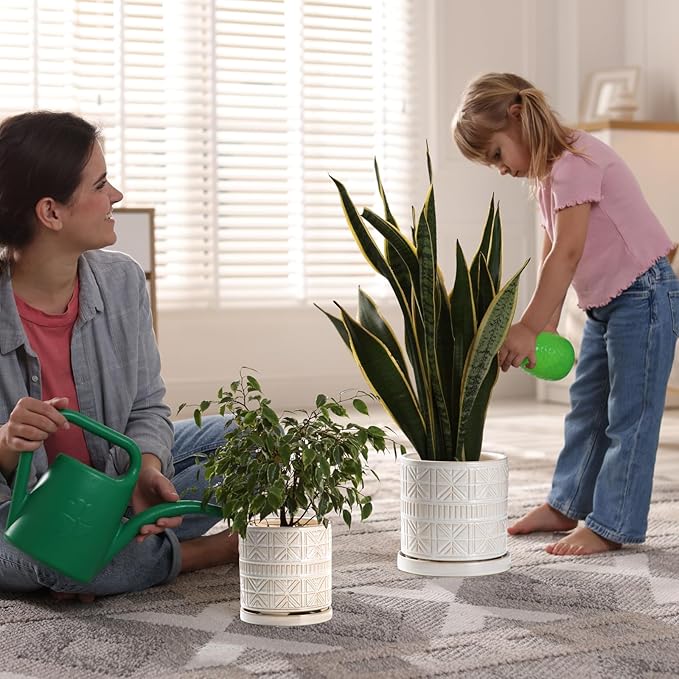 Ceramic Plant Pots Indoor-Outdoor: 6 Inch Embossed Planters with Drainage Hole & Saucer - Modern Decorative Flower Pots for Home Garden Patio Office Decor