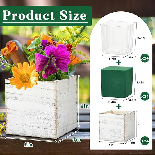 Dandat 24 Sets Wooden Cube Planter Boxes for Centerpiece 4 Inch Flower White Wood Rustic Square Vase with Removable Plastic Liner Floral Foam Block for Garden Wedding Home Arrangement Decor