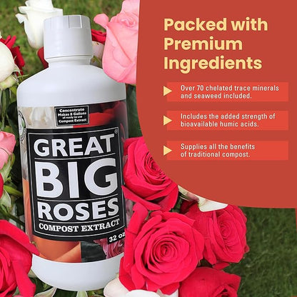 Great Big Roses – Soil and Rose Fertilizer Booster to Grow The Best Roses and Flowers; Rose Food Compost Extract for Rose Bush, 32 Ounce Concentrate (Makes 8 Gallons)