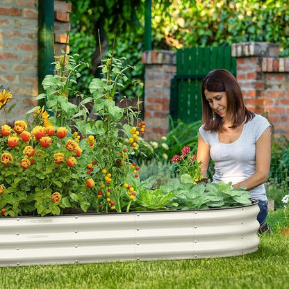 Galvanized Raised Garden Bed, 8x4x1 FT Oval Metal Planter Box for Outdoor, 12” Raised Beds for Gardening Vegetables Flower Herb(Pearl White)