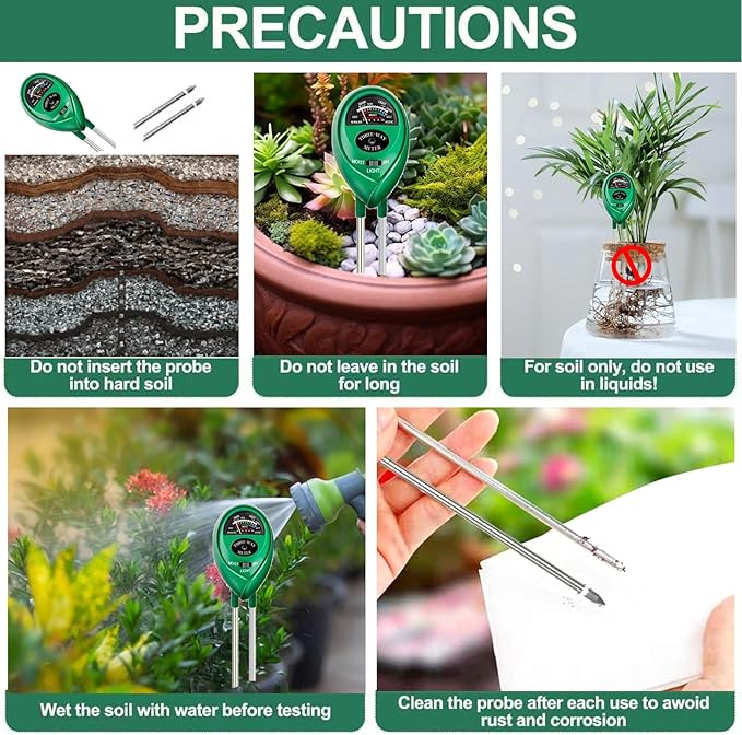Soil Tester for Garden, Soil pH Meter 3-in-1 Soil Test Meter for Moisture/Lighting/pH, Soil Moisture Meter for Potting Soil, Farm, Lawn, No Battery Required