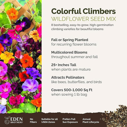 Eden Brothers Colorful Climbers Flower Mixed Seeds for Planting, 1 lb, 480,000+ Seeds with Morning Glory, Sweet Pea | Attracts Pollinators, Plant in Spring or Fall, Zones 3, 4, 5, 6, 7, 8, 9, 10