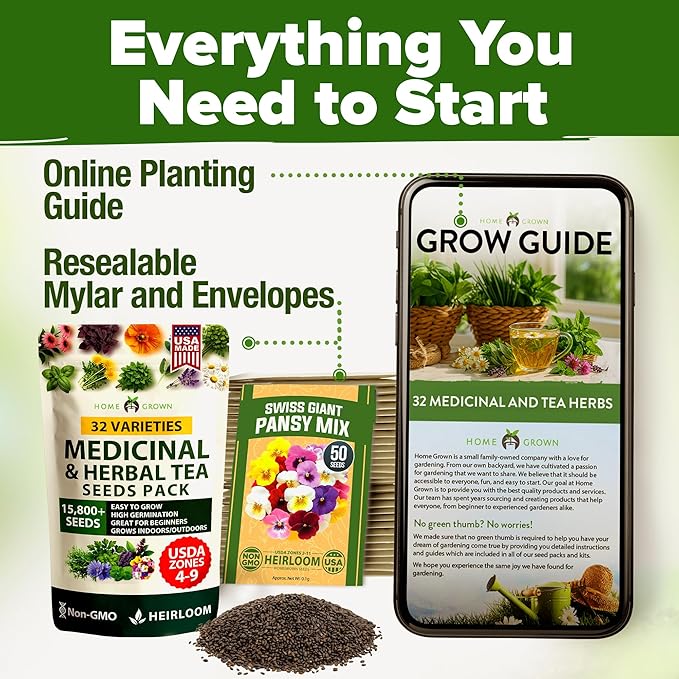 HOME GROWN Herb Seeds 32 Medicinal Herbs and Tea Variety Pack – Annual & Perennial Herb Seeds for Planting Indoors & Outdoor – Non-GMO, Heirloom Seeds, Easy to Grow, High Germination Garden Kit