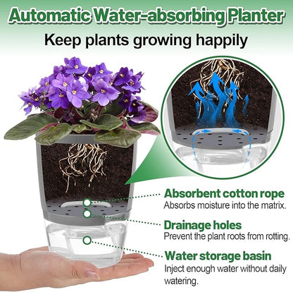 Aulock 6 pcs Self Watering Plant Pots - 4.1/3.2 in Plastic Planter with Drainage Holes, Flower Pots for African Violet, Mini Indoor Plants, Succulents, Herbs, Cactus, Basil, Grey