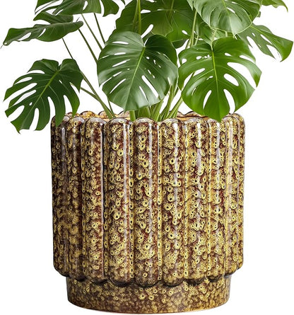 Ceramic Pots for Plants - 9.6 Inch Ceramic Planters for Indoor Plants, Round Flower Pots with Drainage Hole, Fluted Large Planter Outdoor, Patio Decor, Garden Gifts, Yellow