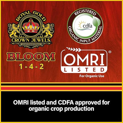 Royal Gold Crown Jewels Organic Bloom 1-4-2 Dry Soluble Fertilizer, 5 lbs - for Feeding Flowering Crops to Produce Vigorous Blossoms and Optimal Plant Development