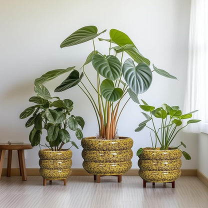 SQOWL Ceramic Flower Pots - 10 Inch Plant Pot Indoor with Drainage Hole, Round Bubble Planter for Outdoor Plants, Decorative Ceramic Plant Pot, Porch Home House Decor, House Warming Gifts, Yellow