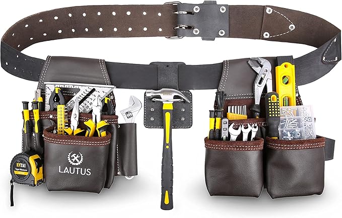 LAUTUS Oil Tanned Leather Tool Belt Rig, Carpenter, Construction, Framers, Handyman - 100% LEATHER |Adjustable Pockets| 8 Pockets | 4 Loop & Hammer Holder|
