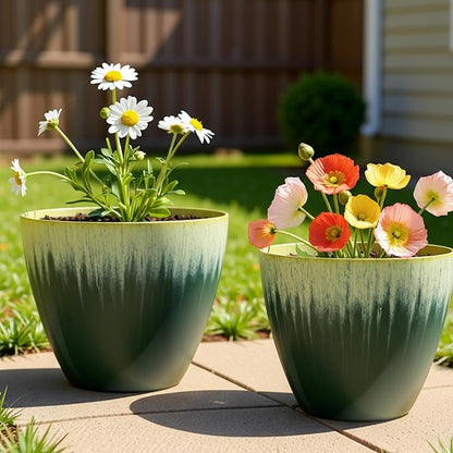 Pack of 2 Flower Pots, Plastic Plant Pots with Drainage Holes, 8 inch Modern Glossy Finishing Planter for Indoor Outdoor Plants (Green Glaze, 2 Pack)