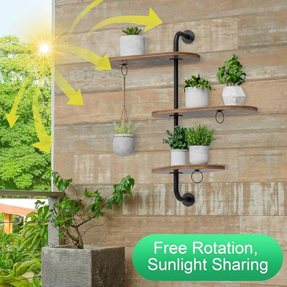 Rotating Window Plant Shelves with 3 Anti-slip Mats, 3 Tier Plant Stand Indoor Outdoor, Wooden Window Plant Shelf with 3 Circle Hook, Hanging Plant Holder for Window, Potted Plants, Flowerpots (Antique Color, 3 Tier)
