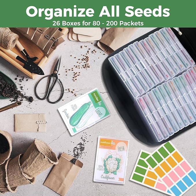 26 Slots Seed Organizer Storage Box with Labels, Large Capacity Oxford Cloth Seed Packet Organizer for Seed Packets, Vegetable, Flower, and Small Item Storage