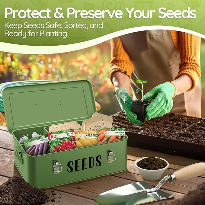 Flexzion Seed Saving Box - Metal Seed Storage Organizer Box with Lid, 4 Spacious Compartments Storage Bin for Garden Tools & More with Safety Locks, Green