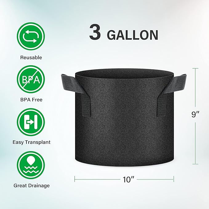 YSSOA 20-Pack 3 Gallon Grow Bags, Aeration Nonwoven Fabric Plant Pots with Handles, Heavy Duty Gardening Planter for Potato, Tomato, Vegetable and Fruits, Black