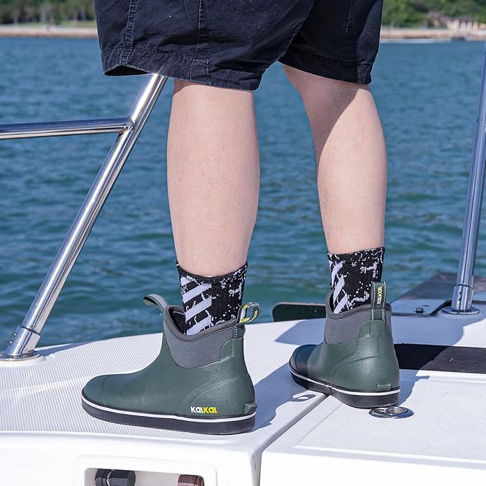Kalkal Men's Deck Boots, Waterproof Fishing Rain Boots with High Traction, Men's Rubber Boots For Gardening Fishing Boating Camping Sailing