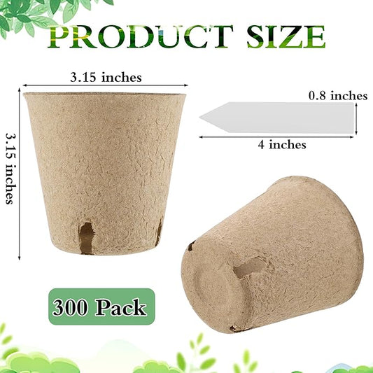 300 Pieces Peat Pots Seed Starters 3.15 Inch Peat Pots Round Biodegradable Seed Starting Pots with 300 Plant Labels, Planter Nursery Pots with Drainage Holes for Vegetable Seed