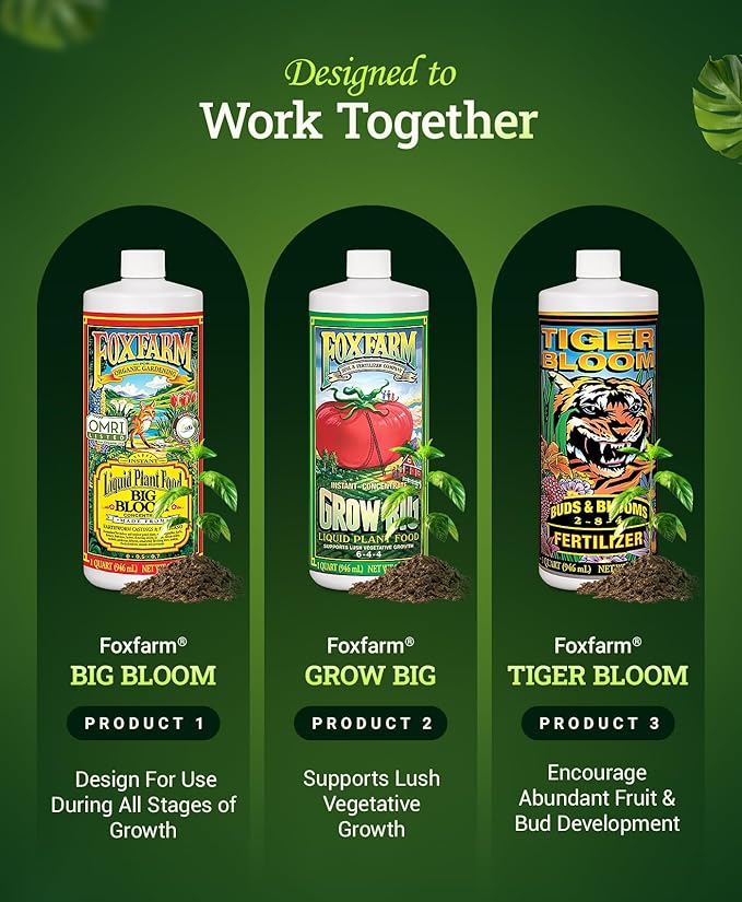 FoxFarm Soil Liquid Trio Pack - Big Bloom, Grow Big, Tiger Bloom Fertilizers for Vigorous Plant Growth, Bud Development & Abundant Fruit - Complete Liquid Plant Food Set - 3 Quart Bottles
