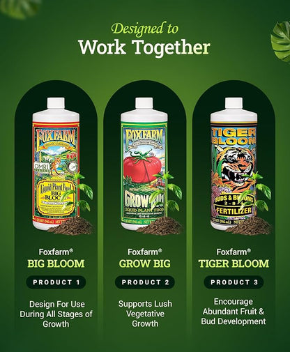 FoxFarm Soil Liquid Trio Pack - Big Bloom, Grow Big, Tiger Bloom Fertilizers for Vigorous Plant Growth, Bud Development & Abundant Fruit - Complete Liquid Plant Food Set - 3 Quart Bottles