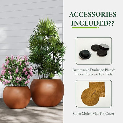 DTY Mount Sherman 16.1'' D x 13.6'' H (Pot Opening 11.8") Fiberstone Round Planter with Drainage Hole, Smooth Finishes, Weather Resistant for Indoor and Outdoor, 2 Extra Coco Mats - Terracotta, Medium