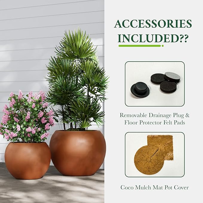 DTY Mount Sherman 21.1'' D x 16.7'' H (Pot Opening 14.6") Fiberstone Round Planter with Drainage Hole, Smooth Finishes, Weather Resistant for Indoor and Outdoor, 2 Extra Coco Mats - Terracotta, Large