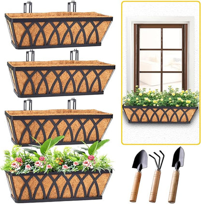 HKZ Deck Balcony Railing Planter Window Boxes - 4 Pack 24 Inch Planter Box, Balcony Planters Railing Hanging, Window Boxes Outdoor Fence Planters