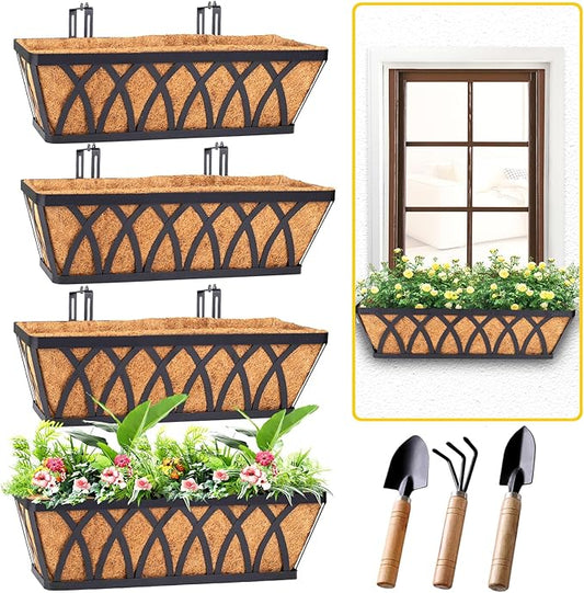 HKZ Deck Balcony Railing Planter Window Boxes - 4 Pack 24 Inch Planter Box, Balcony Planters Railing Hanging, Window Boxes Outdoor Fence Planters