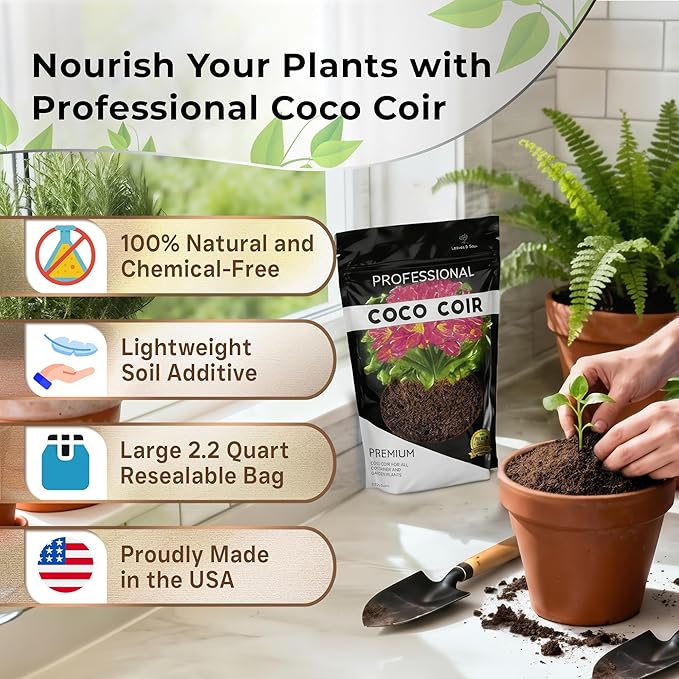 Professional Coco Coir | for Container and Garden Plants | Low Acidic Lightweight Soil Additive | Large 2.2 Quarts | Made in USA