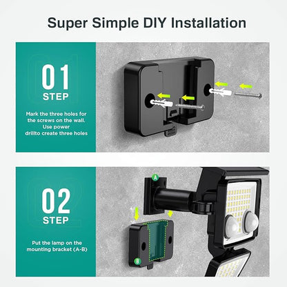 Solar Outdoor Lights - 3000LM 188 LED Motion Sensor Outdoor Lights, 4 Heads Security Light,IP65 Waterproof, Easy Install,270°Wide Angle Flood Wall Light with 3 Modes for Backyard Yard (2 Pack)