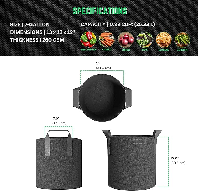 247Garden 5-Pack 7-Gallon Aeration Fabric Pot/Plant Grow Bag w/Handles (260 GSM, Black, 12H x 13D)