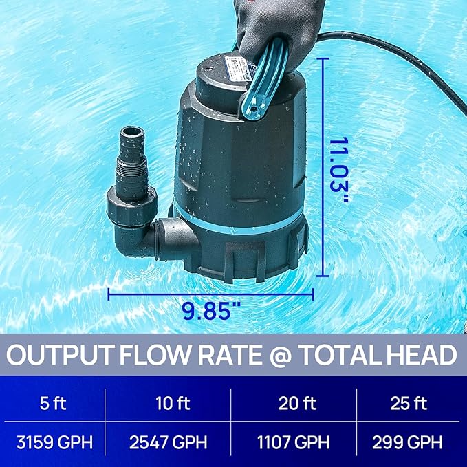 Aquastrong Sump Pump 1/2 HP Submersible Water Pump Thermoplastic Portable Utility Pump 3159 GPH High Flow Water Removal for Swimming Pool Garden Pond Basement Window Wells with 10ft Long Power Cord
