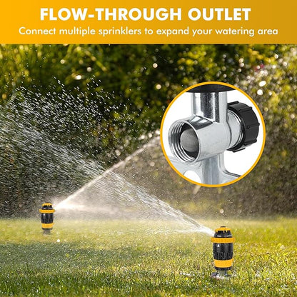 RESTMO Gear Drive Sprinkler with Metal Spike Base, 5-Pattern Heavy Duty Gardening Watering System, Multi-Adjustable Lawn Sprinkle for Garden Plant, Flower Bed and Large Yard Area Watering, Yellow