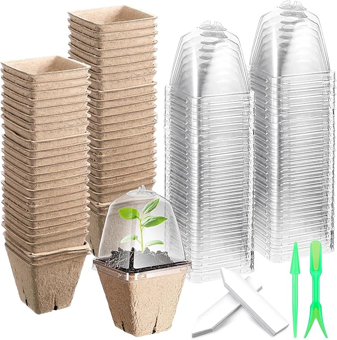 Baderke 120 Pcs Biodegradable Nursery Pots with 30 Humidity Dome and 30 Labels, 2.36" Plant Nursery Seed Starter Planter Biodegradable Peat Pots for Planting Seedlings, Vegetables (Square)