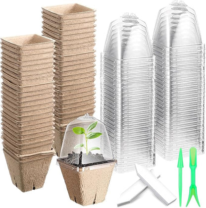 Baderke 120 Pcs Biodegradable Nursery Pots with 30 Humidity Dome and 30 Labels, 2.36" Plant Nursery Seed Starter Planter Biodegradable Peat Pots for Planting Seedlings, Vegetables (Square)