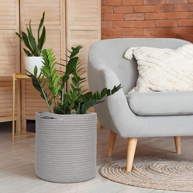 Grey Plant Basket, Woven Basket Planter for 10 inch Pot, Round Indoor Tree Pot Cover, Small Gray Storage Bin Organizer, Decorative Planter and Home Decor, 11”X11”