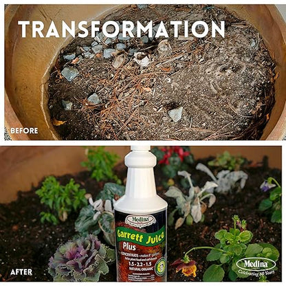 Medina Garrett Juice Plus -Liquid Plant Food & Fertilizer for Houseplants, Lawn, & Garden | Foliar Solution & Growth Enhancer, Ideal for Potted & Patio Plants | Nitrogen-Rich Liquid Fertilizer - 1 Qt.