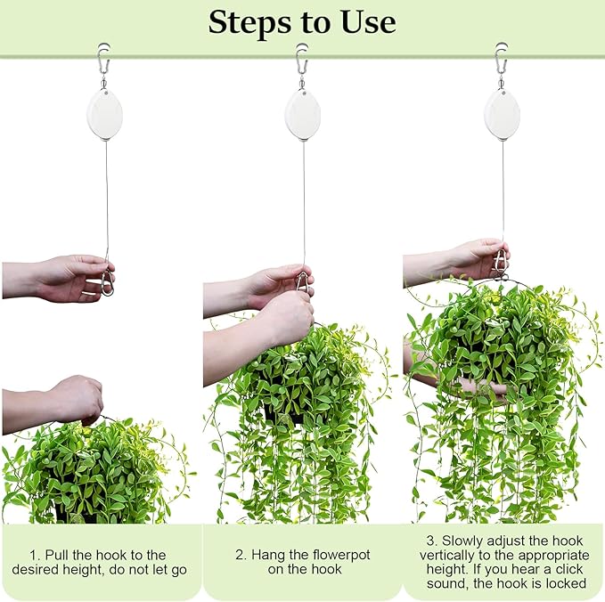 3 Pcs Upgraded Heavy Duty Retractable Plant Hanger,Plant Pulleys for Hanging Plants,Easy to Raise and Lower,Auto Lock,Adjustable Hook for Garden Baskets Pots,Birds Feeder and Grow Lights,White