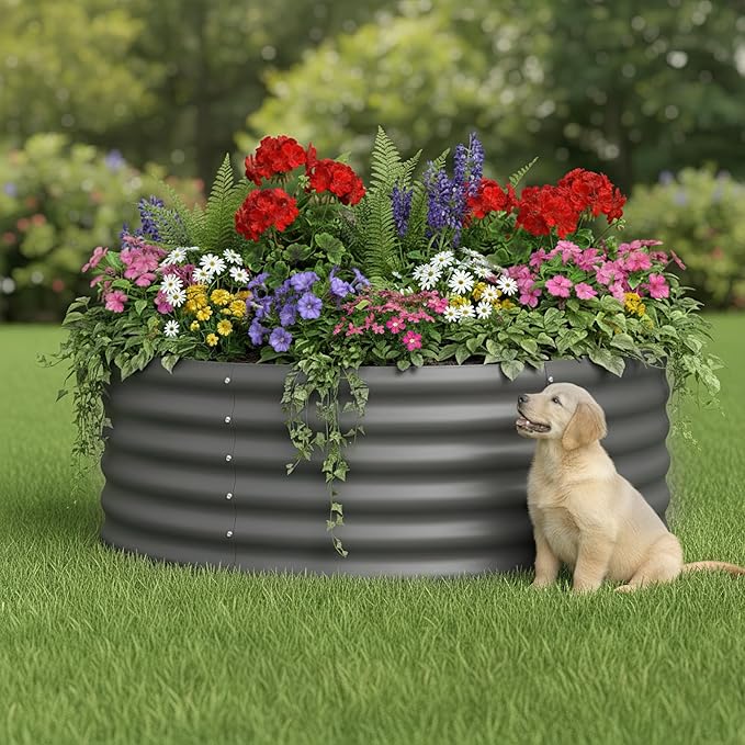 DDK Galvanized Raised Garden Bed, Round Outdoor Planter Bed, 4x4x1.5ft Metal Planter Box for Gardening and Planting,DG