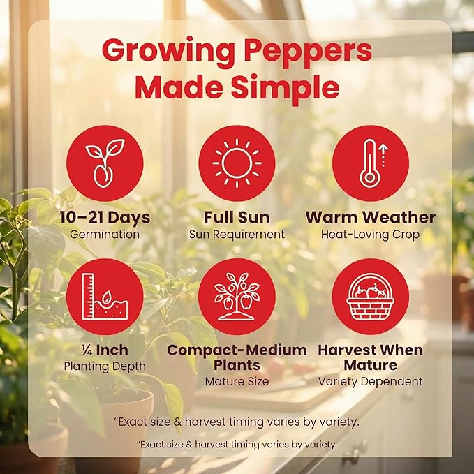 Hot Pepper Seeds for Planting, Cayenne, Hungarian Yellow, Jalapeno, Serrano, Habanero Orange, Heirloom Pepper Seeds Variety Pack, NonGMO, Made in USA