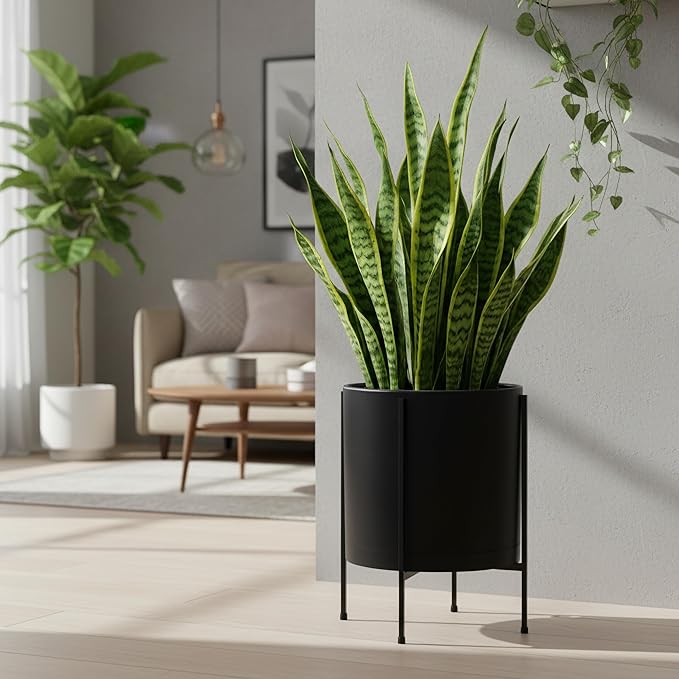 D'vine Dev 14 Inch Black Planter Pot with Stand – Modern Plastic Cylinder Flower Pot with Heavy-Duty Metal Stand for Indoor Plants, 55-D-B-4