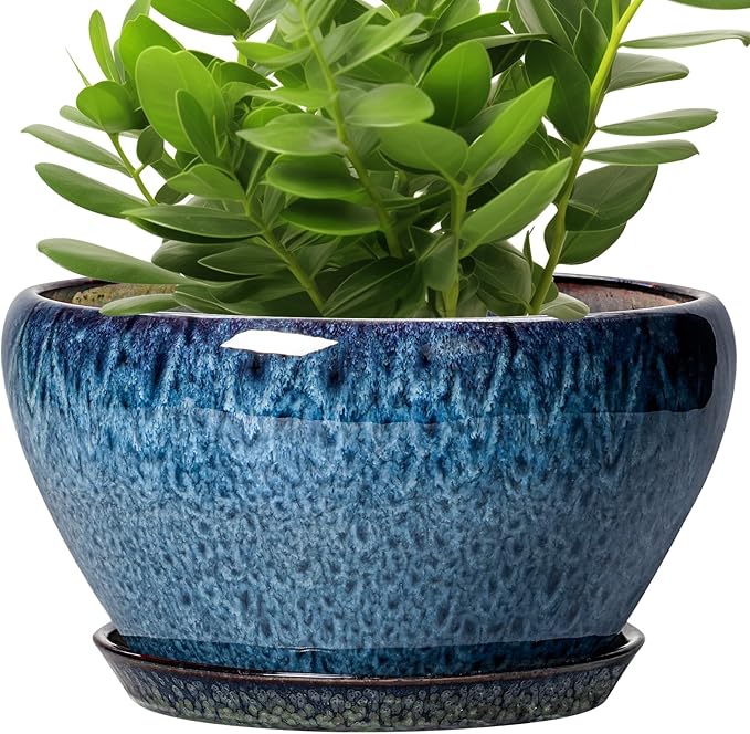Ceramic Planter 11 Inch - Ceramic Pots for Plants Indoor Outdoor, Large Plant Pot with Drainage Hole and Saucer, Decorative Round Planter, Plant Lover Gifts, Garden Decor, Blue