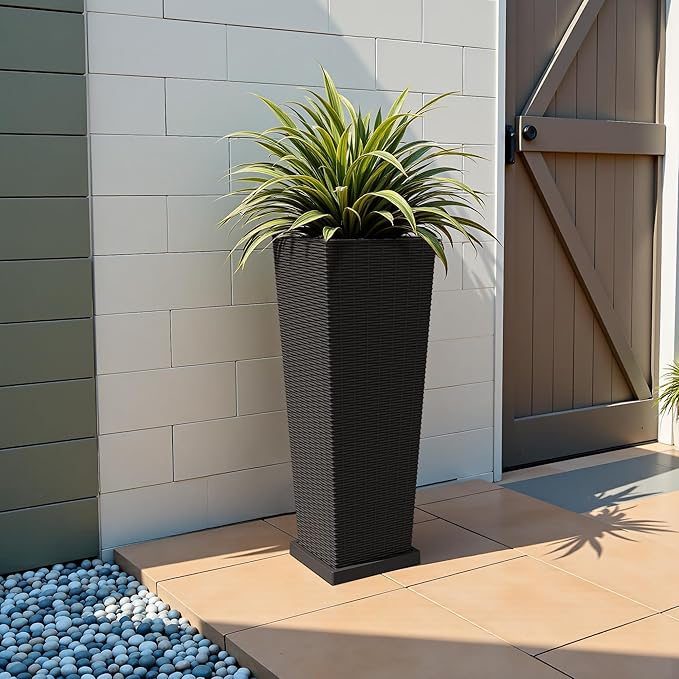 JUMMICO Set of 2 Resin Rattan Tall Planters for Outdoor Plants, Large Tapered Planters with Drainage Holes, Inner Trays and Outer Saucers, Flower Pots for Garden, Patio, Porch, Backyard (Black, 32")