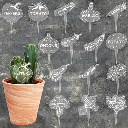 arricraft 15 Pcs Clear Vegetable Shape Acrylic Plant Tags, Hand Painted Graffiti Style Vegetable Themed Waterproof Garden Stake Labels for Indoor Outdoor Potted Plants Nursery Marker Decoration