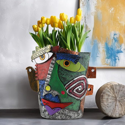 Picasso-Inspired Abstract Face Flower Pot | Unique Head Planter with Drainage Hole | Vibrant Colors & Quirky Art Decor (Frowning Expression)