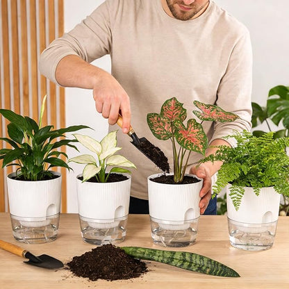 Plant Pots, 4 Pack 5.7 Inch Self Watering Pots for Indoor Plants, Flower Pots with Deep Reservoir and Drainage Holes - White
